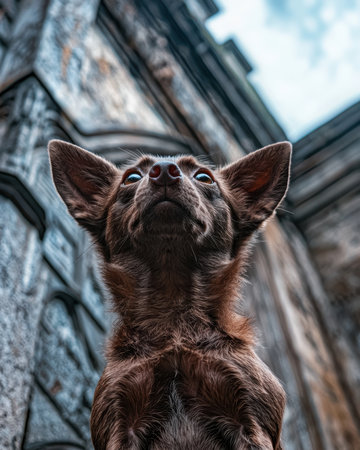 Brown dog looking up at a buildingの素材