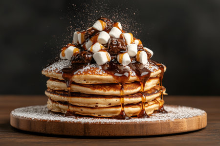 Delicious pancakes with chocolate sauce and marshmallowsの素材