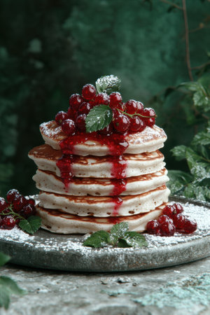 Delicious pancakes with red currant sauce and powdered sugarの素材