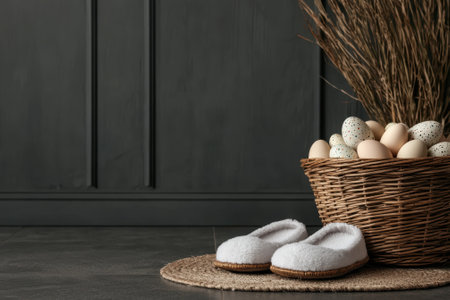 Cozy Easter scene with eggs in a basket and slippersの素材