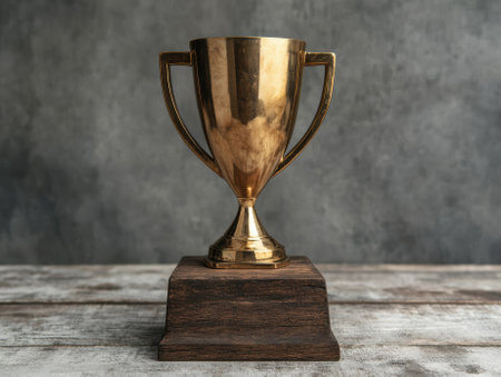 Gold trophy on wooden baseの素材