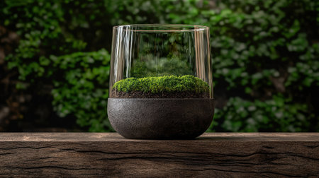 Glass terrarium with moss on wooden surfaceの素材