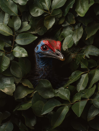 Close-up of a cassowary's head peeking through lush green leavesの素材