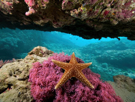 Orange starfish on vibrant coral reefの素材