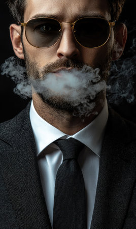 Mysterious man in suit and sunglasses smokingの素材