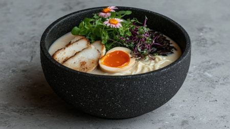 Delicious ramen bowl with soft egg and microgreensの素材