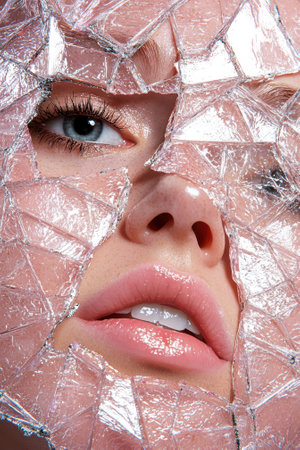 Close-up of a woman's face partially covered with broken glassの素材