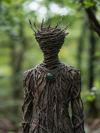 Intricate woven sculpture of a mystical figure in a forest settingの素材