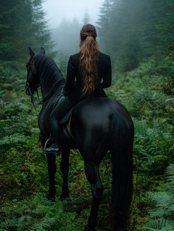 Woman riding a black horse through a misty forestの素材
