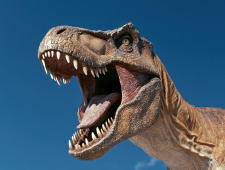 Close-up of a roaring dinosaur model against a clear blue skyの素材
