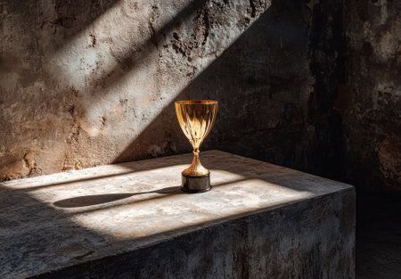 Golden trophy on a rustic surfaceの素材