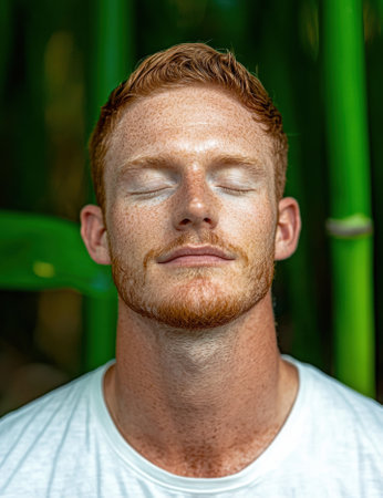 Peaceful redhead man meditating in natureの素材