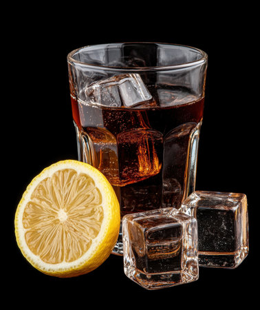 Refreshing cola drink with ice cubes and lemon sliceの素材