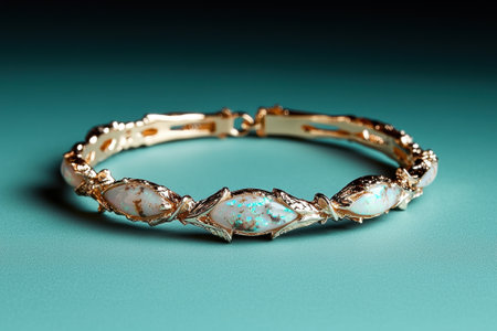 Elegant gold opal bracelet on teal backgroundの素材