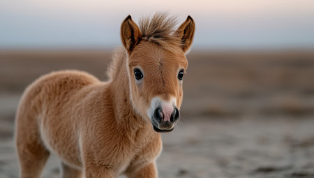Adorable fluffy foal standing in a fieldの素材