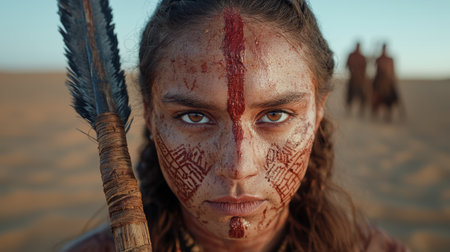 Close-up portrait of a woman with red paint on her face, desert backgroundの素材