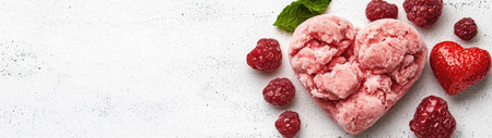 Heart-shaped raspberry sorbet with fresh raspberries and strawberryの素材