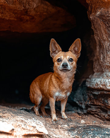 Small brown chihuahua dog standing in a caveの素材