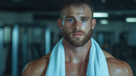 Muscular man with towel around neck after workoutの素材