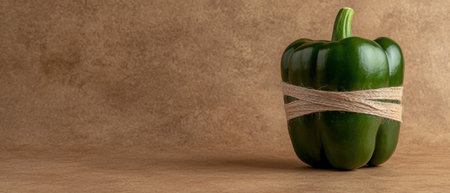 Green bell pepper tied with twine on brown backgroundの素材
