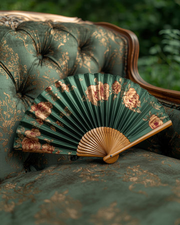 Green floral hand fan on antique chairの素材