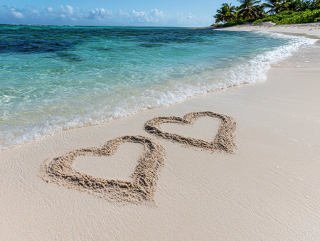 Two hearts drawn in the sand on a tropical beachの素材