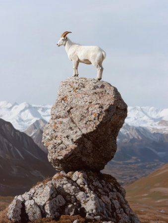 White mountain goat standing on a rockの素材