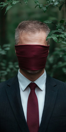 Blindfolded businessman in a suit standing in the woodsの素材