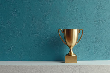 Gold trophy on white shelf against teal wallの素材