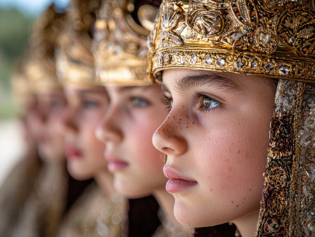 Young girls in traditional gold headwearの素材