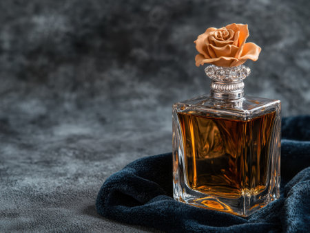 Luxury perfume bottle with a rose on topの素材