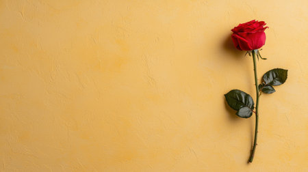Single red rose on yellow backgroundの素材