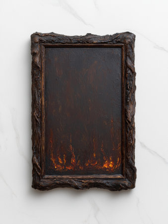 Dark brown wooden frame with a painting of fireの素材