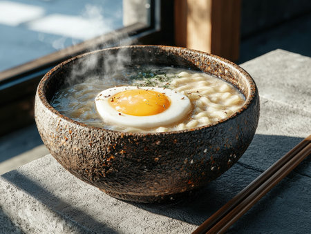 Steaming bowl of ramen noodles with a perfectly poached eggの素材