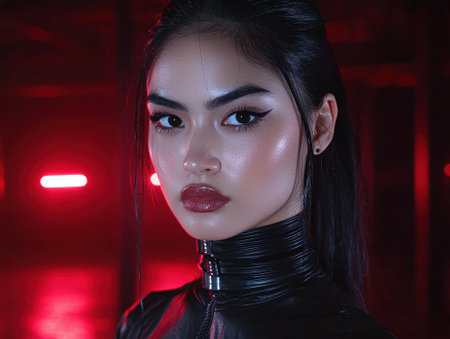 Cyberpunk woman in red lightの素材