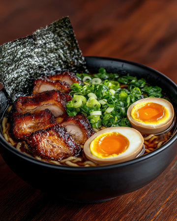 Delicious ramen bowl with chashu pork, soft boiled eggs, and green onionsの素材