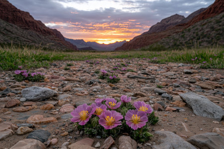 Pink flowers blooming in rocky desert at sunsetの素材