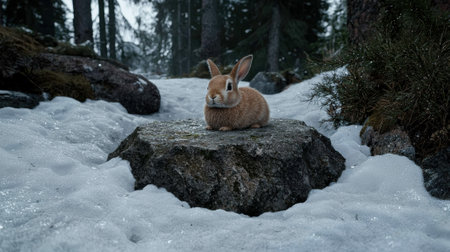Adorable bunny rabbit sitting on a rock in a snowy forestの素材