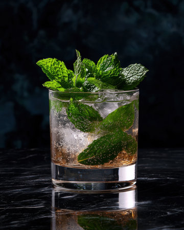 Refreshing mint julep cocktail with ice in a rocks glassの素材