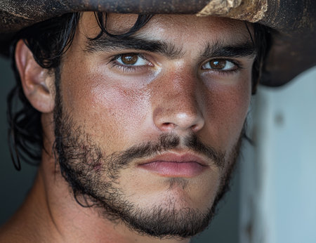 Close-up portrait of a young man with a serious expressionの素材
