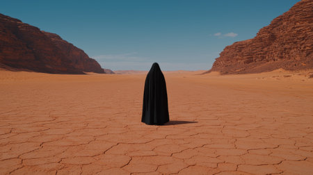 Person in black robe standing in desert landscapeの素材