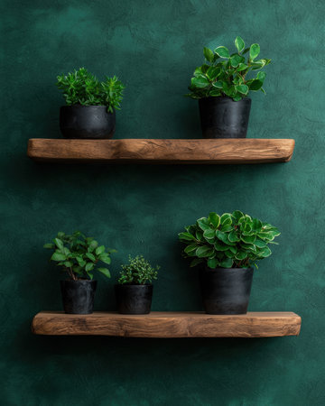 Green plants on wooden shelves against a dark green wallの素材