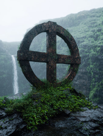 Ancient stone circle in a lush rainforest with a waterfall in the backgroundの素材