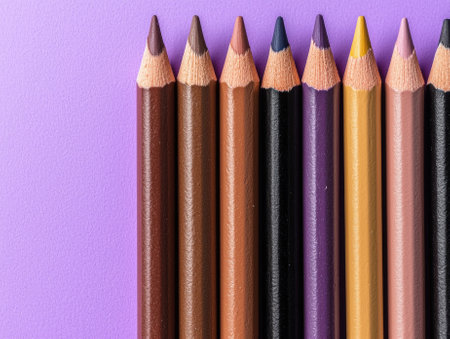 Close-up of colorful pencils arranged on a purple backgroundの素材