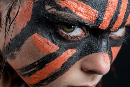 Close-up of a person's face with orange and black war paintの素材