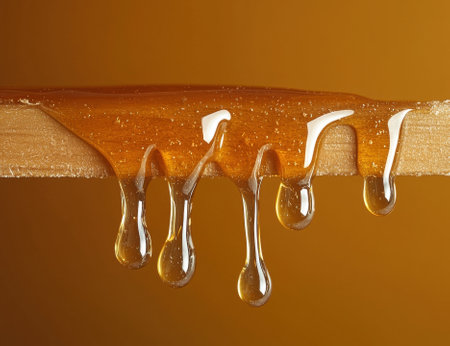 Golden honey dripping from a wooden surfaceの素材