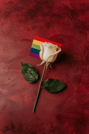 White rose with rainbow flag on red backgroundの素材