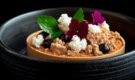 Close-up of gourmet dessert with edible flowersの素材