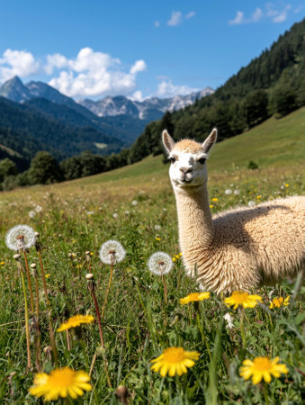 Happy alpaca in a field of dandelionsの素材
