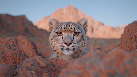 Snow leopard peering from behind rocks in mountainous terrainの素材